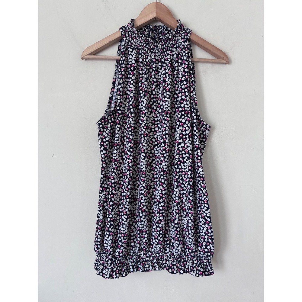 Adrianna Papell Womens XL Navy Floral Smocked Halter Top Blouse Sleeveless